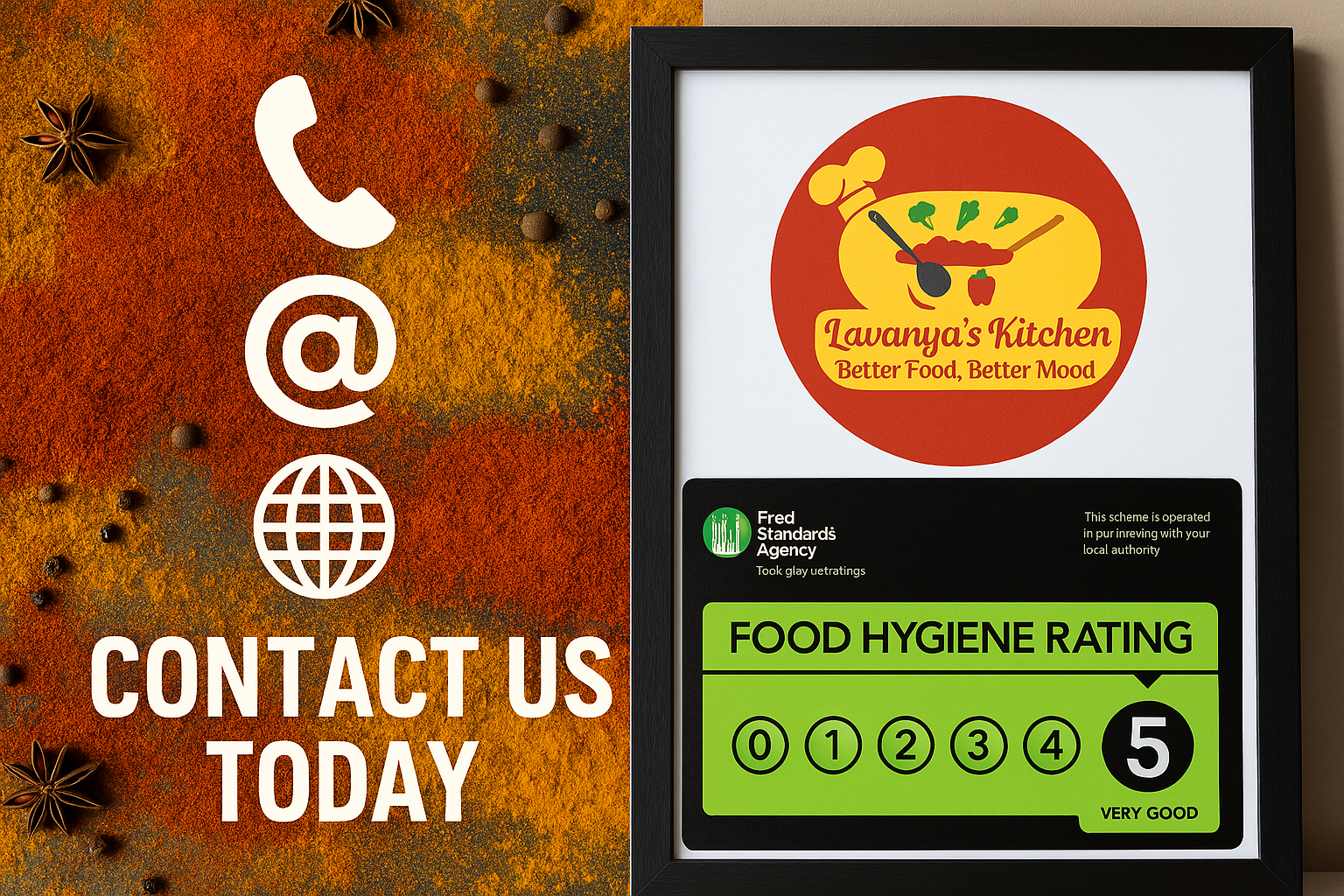 Contact Lavanya's Kitchen - spices background with contact information